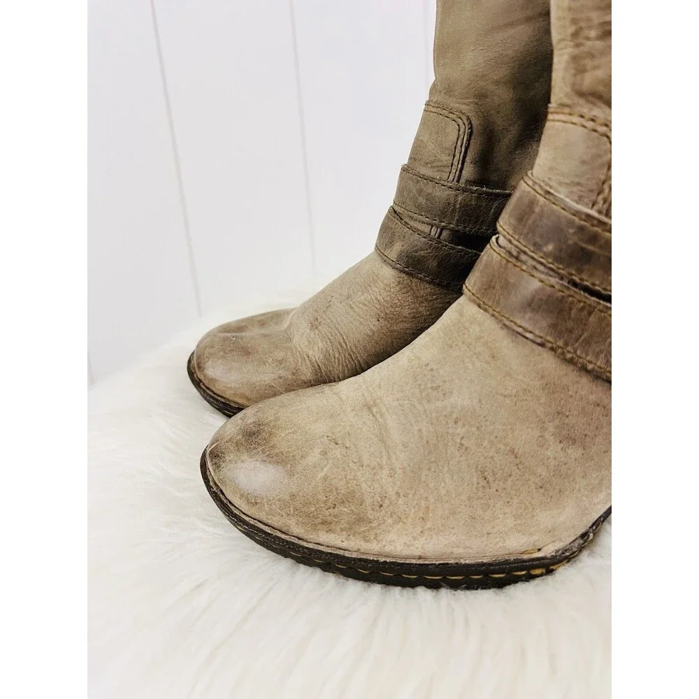 Born Milari Brown Soft Leather Tall Moto Riding Boots Distressed Buckled Size 9